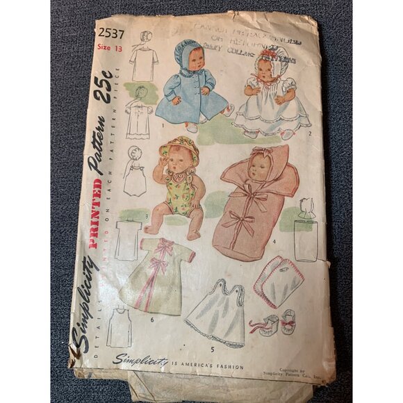 Vintage 1950s Simplicity Doll Clothes Sewing Pattern 2537 Size 13" Doll 1940s - Picture 1 of 3